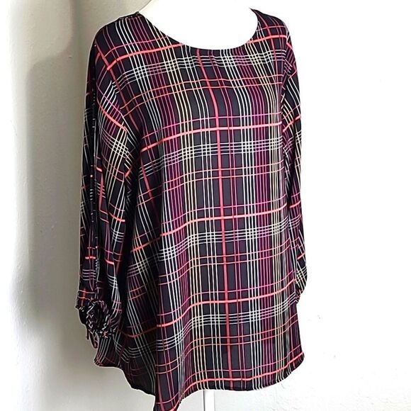 Cato Black Blouse with Red & White Lines & Cut-outs on the Sleeves,  Size 18/20W - Picture 1 of 9